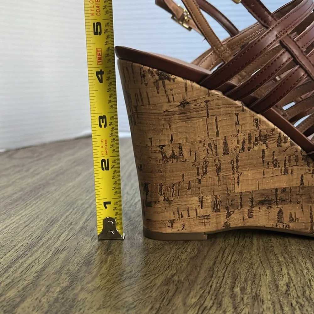 Franco Sarto Sombre Brown Cork Wedge Strap Platform Sandals Size 8.5